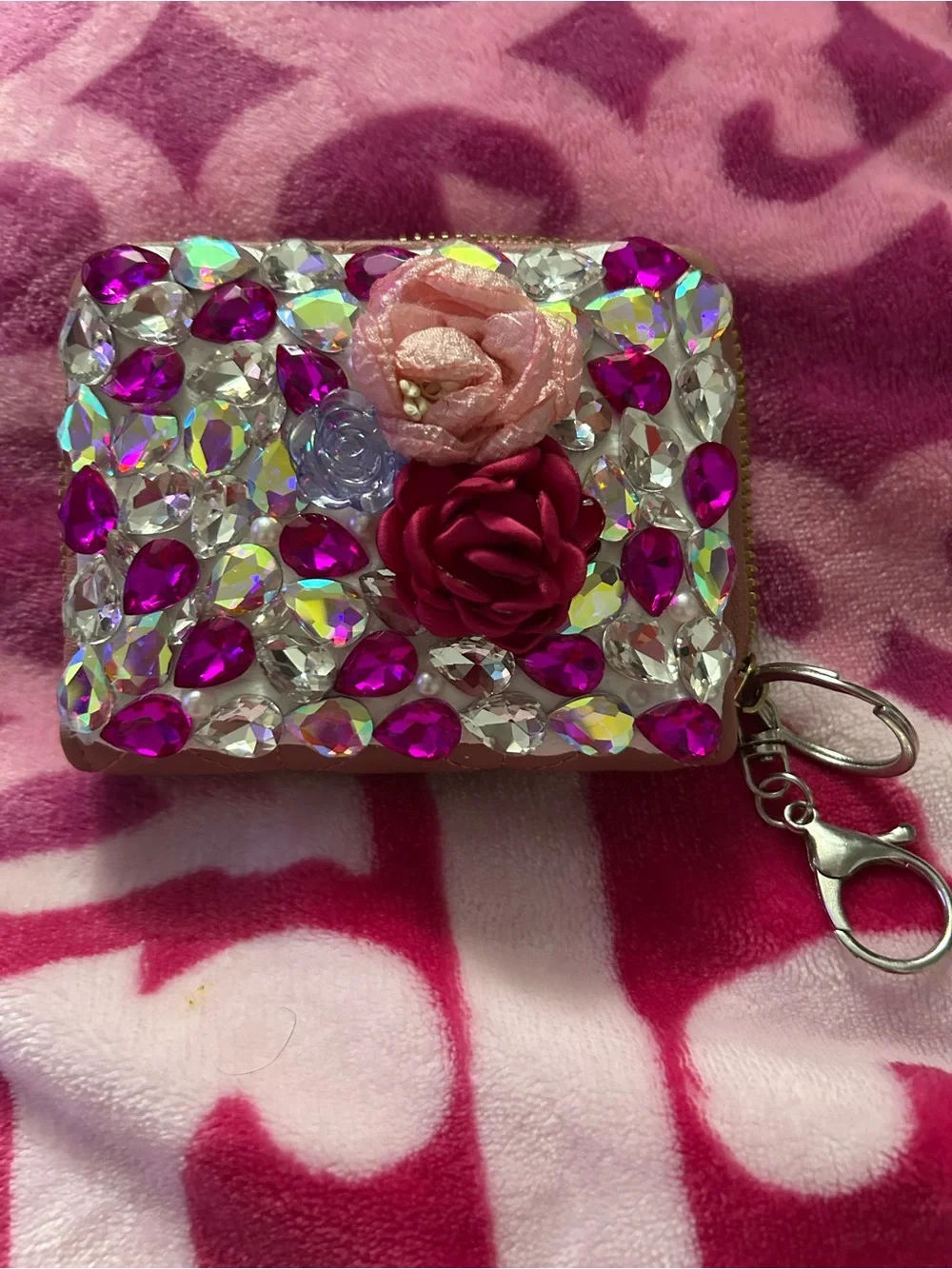 Pink Floral Rhinestone Key & Card Holder